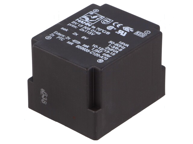 Transformator: ingegoten; 16VA; 115VACx2; 9V; 9V; 888mA; 888mA; PCB Transformator: ingegoten; 16VA; 115VACx2; 9V; 9V; 888mA; 888mA; PCB